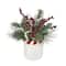 9.5" Green Pine & Red Berry Arrangement in White Ceramic Pot with Striped Rim by Ashland®